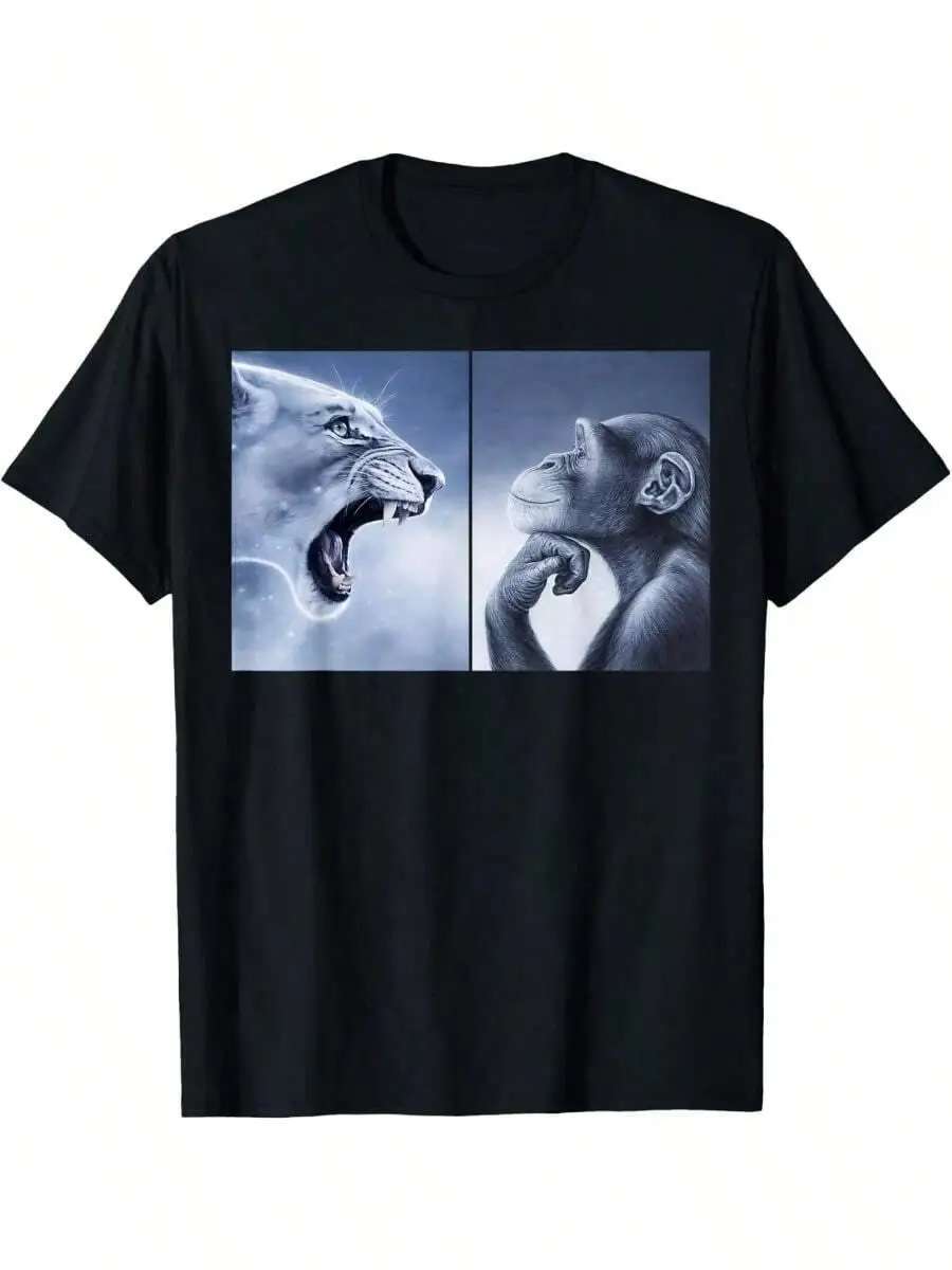 Funny Rage Bait Lion Monkey Viral Meme T-Shirt 100% Cotton Trendy Y2K Short-Sleeve Tee-Soft, Quick-Drying, Moisture-Wicking;