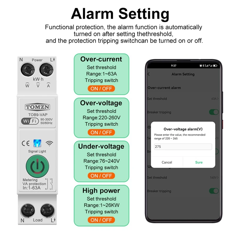 TOMZN 63A Tuya Wifi MCB Circuit Breaker Over Current Under Voltage Protection Power Metering Wireless Remote Control Switch