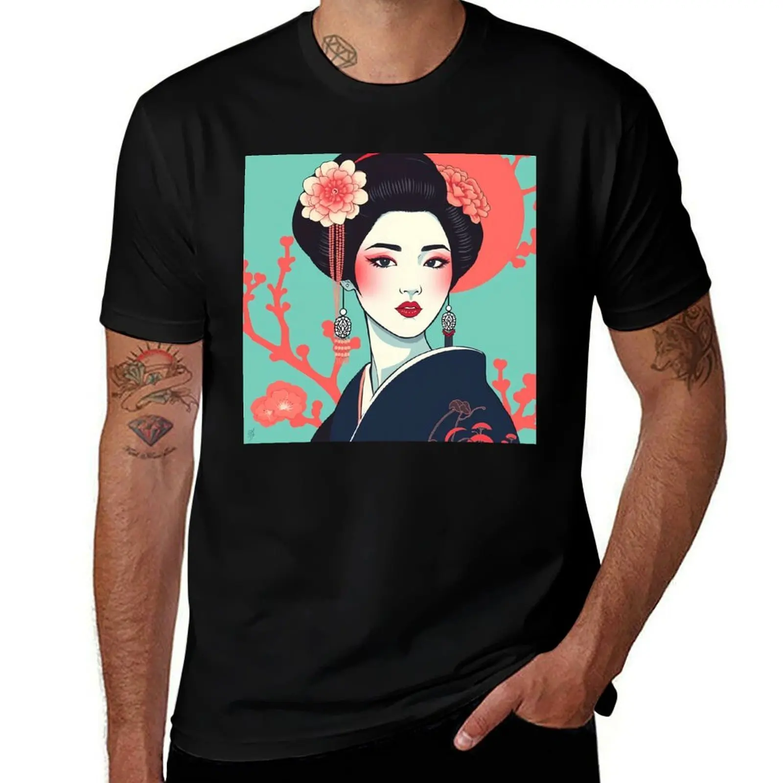

Radiant Geisha with Multicolored Background Bold Japanese Art & Gifts T-Shirt summer top quick-drying funny t shirts for men