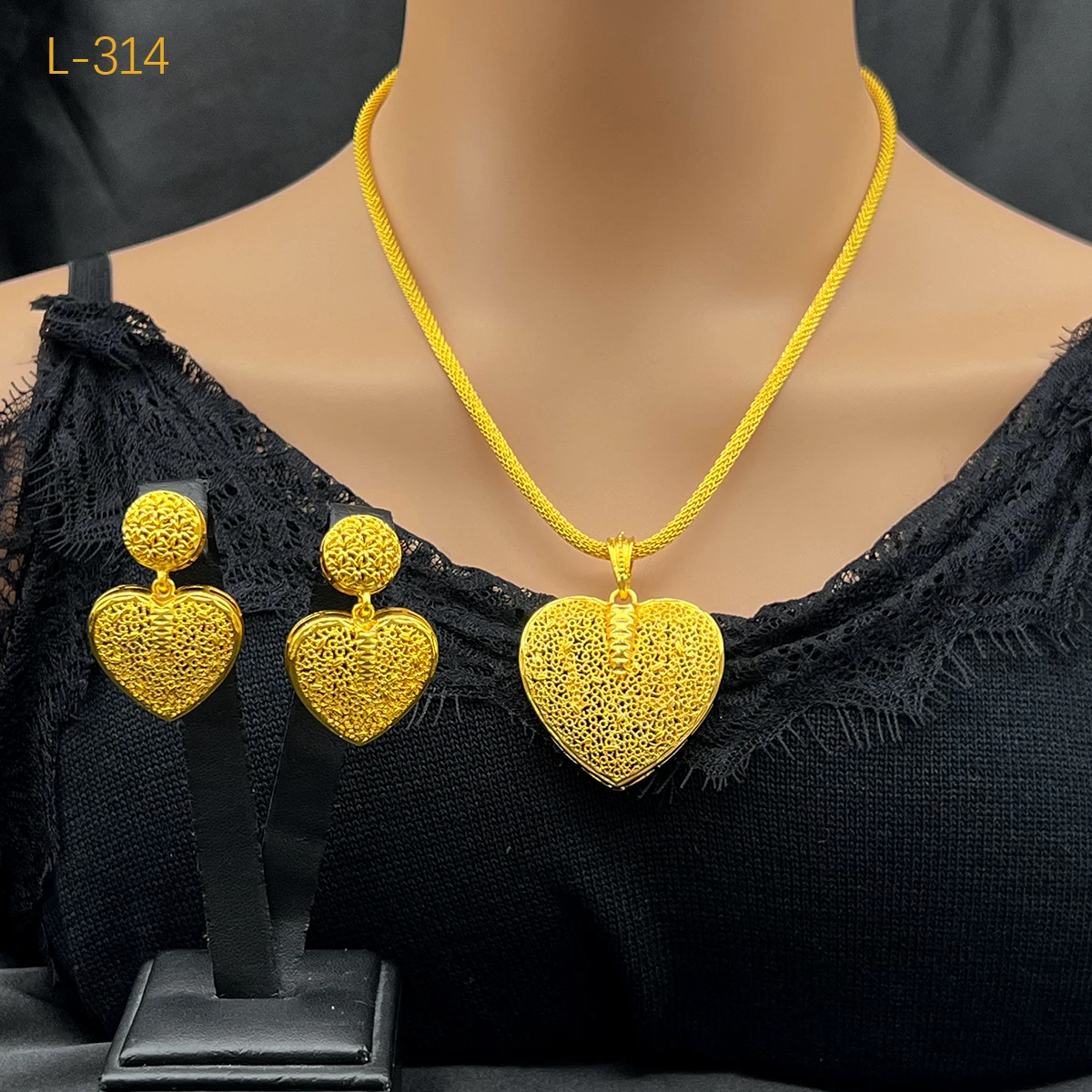 Dubai Indian African Heart Necklace Earrings Jewelry Set For Women 24K Gold Plated Nigeria Bridal Wedding Party Gift Jewellery