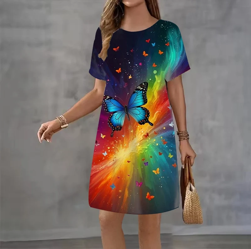 Summer women's short-sleeved 3D printed dress Elegant Sweet Colorful butterfly pattern Casual Women Dress