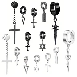 2pcs Fashionable Stainless Steel No Ear Holes Cross Ear Clip Non-Piercing Tassel Star Blade Earrings Jewelry for Men Women