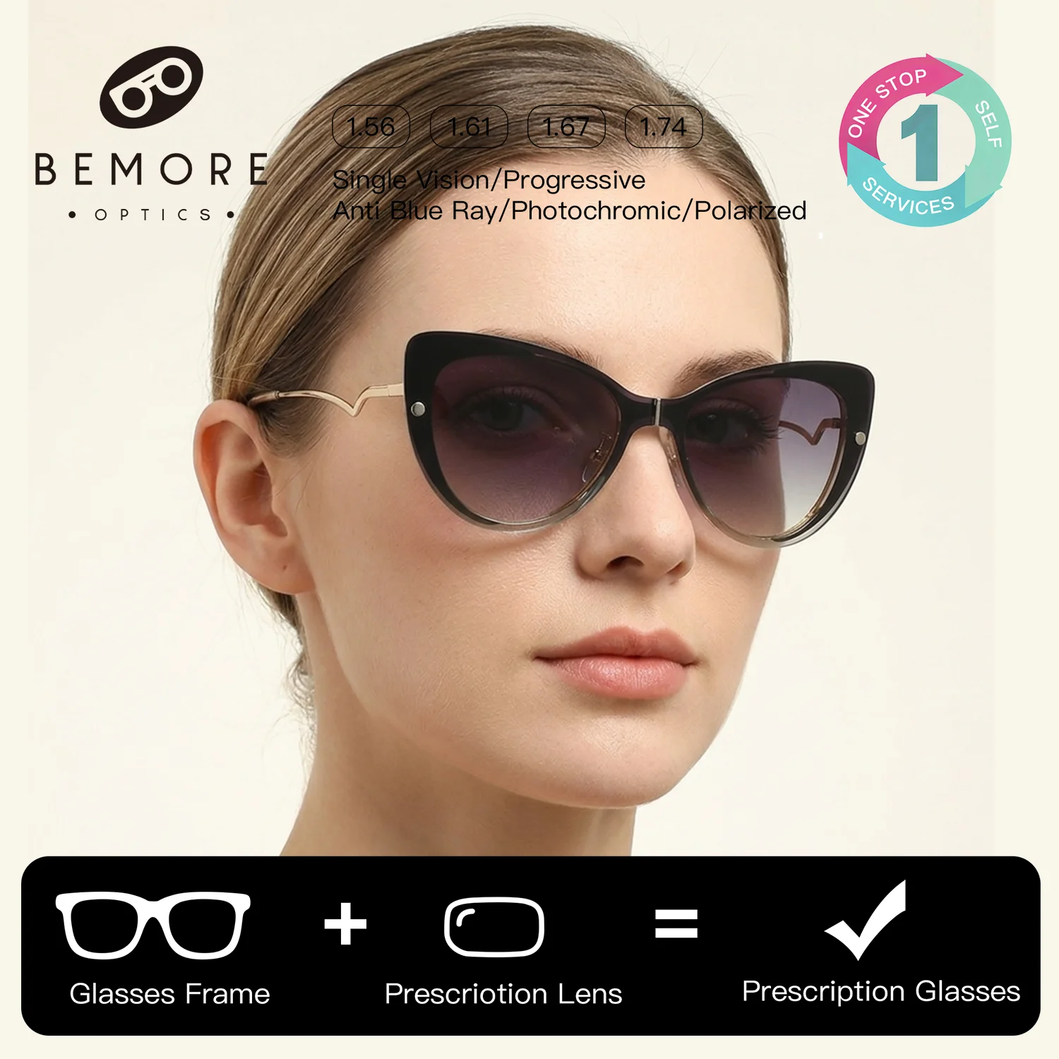 

BEMORE Cat Eye Clip on Polarized Prescription Sunglasses Metal Medical Bifocal Glasses Women Photochromic Optical Eyewear