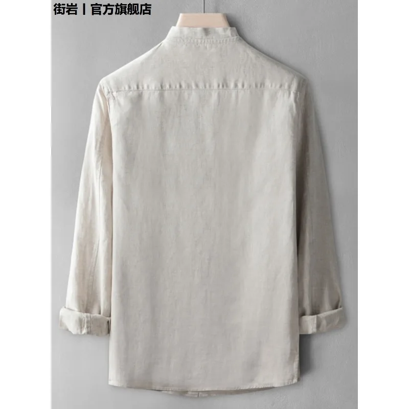 Thin Round Neck Pure Linen Shirt Men's Spring and Summer Vintage Cotton Linen Top Collarless Casual Long-sleeved Shirt