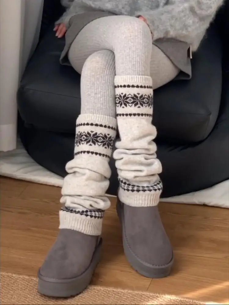 Winter Snowflake Design Mid Calf Sockswool Korea Women Leg Warmers Warm Y2k Knitted Leg Covers Harajuku Boots Cover Cuff Socks