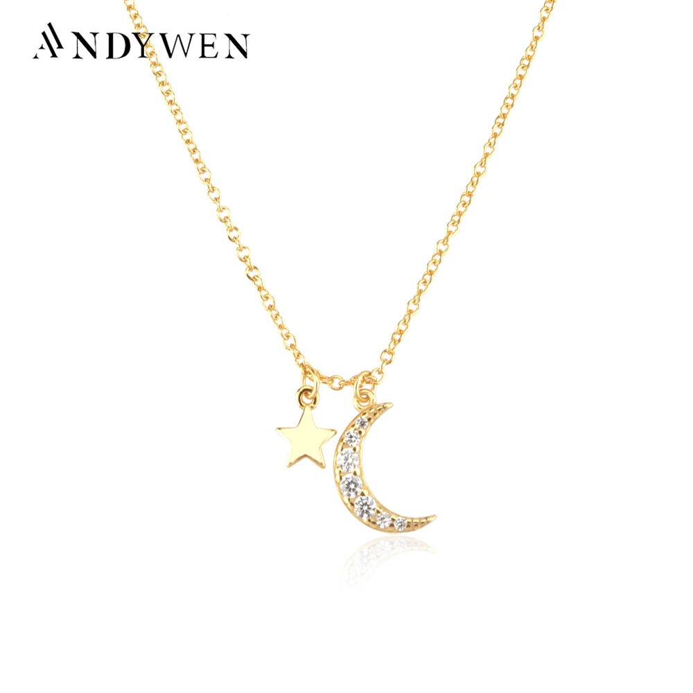 ANDYWEN 925 Sterling Silver Gold Zircon CZ Moon Star Pendant Charm Long Chain Necklace 2021 Women Wedding Jewelry Crystal Luxury