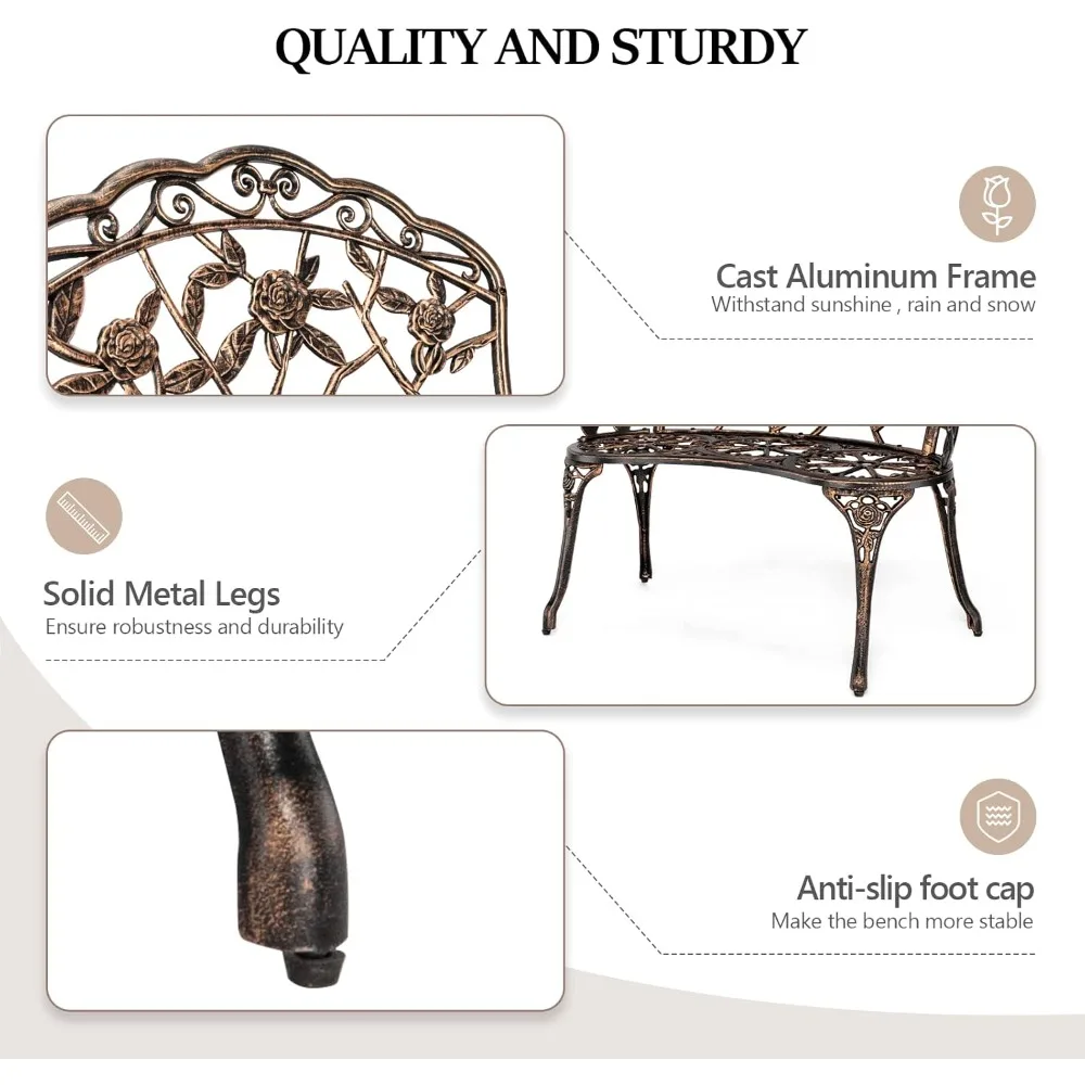 مقعد وردي معدني خارجي من Patio Park Garden، كرسي بلمسة نهائية عتيقة بإطار من الألومنيوم المصبوب من الحديد الزهر،