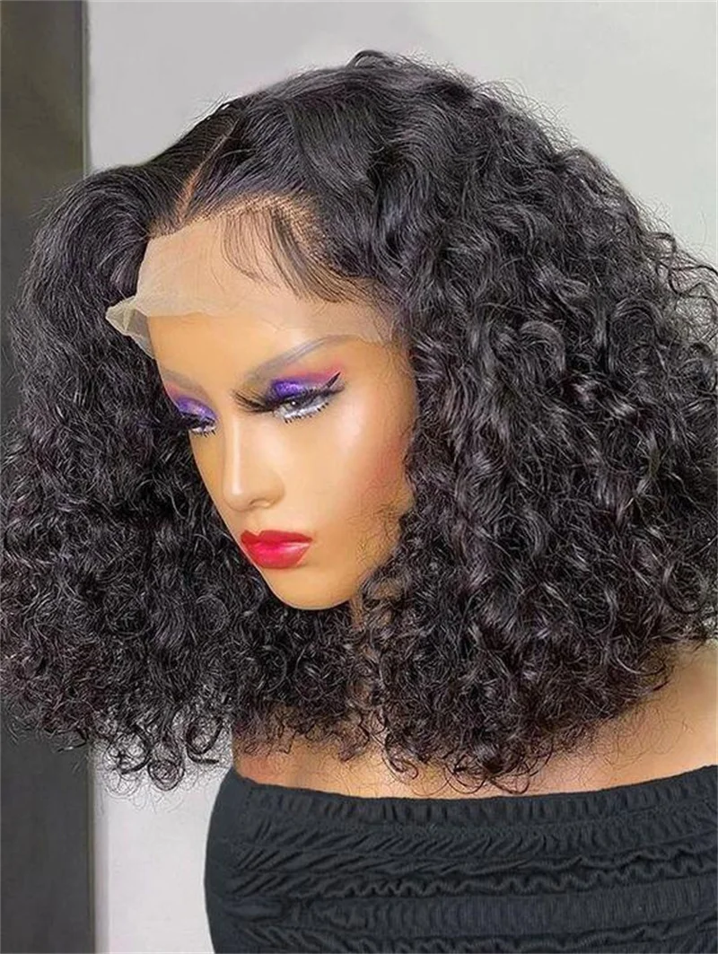 Short Soft Glueless Natural Black 180% 16lnch Kinky Curly Lace Front Wig For Women With Baby Hair  Preplucked Daily Wig