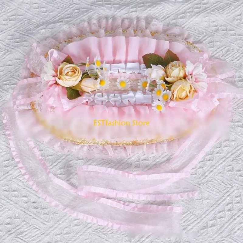 

Y5GC Elegant Victorian Fascinator Hat Lace Trim Flower Bonnet Hat for Theme Occasion