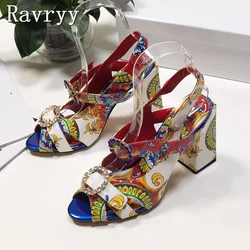 Bohemia Rhinestone Prints Sandals Woman Peep Toe Hollow Crystal Buckle Ankle Strap High Heels Shoes Luxury Brand Party Shoes