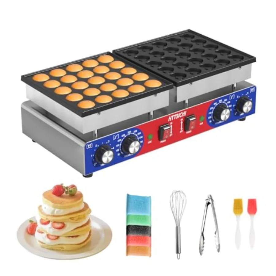 Mini Pancake Maker for Commercial Use with Non-stick Surface Produces 50 Round and Heart-Shaped Pancakes Dual Thermostats and T