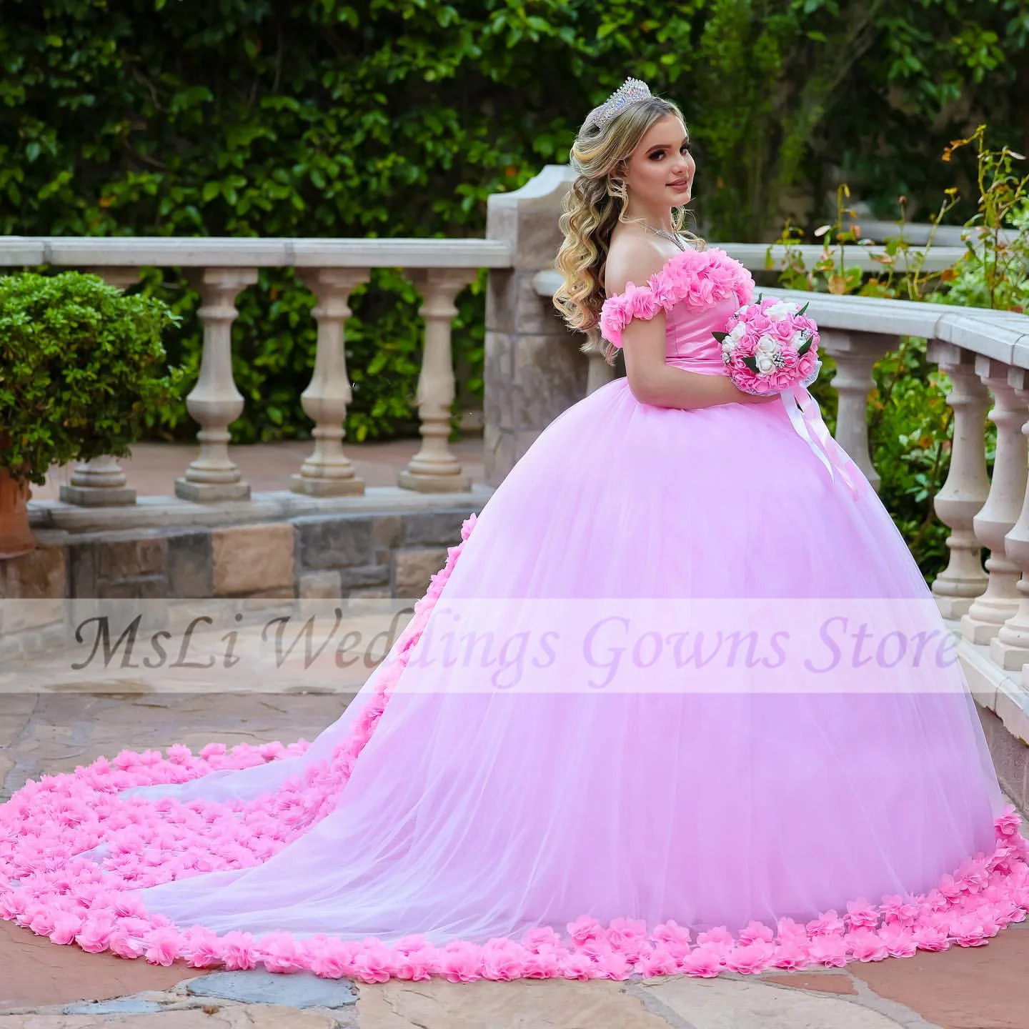 Vestidos de quinceañera rosa, Vestidos de baile, flores hechas a mano en 3D, hombros descubiertos, 15 cumpleaños, fiesta de graduación, vestido de celebridad