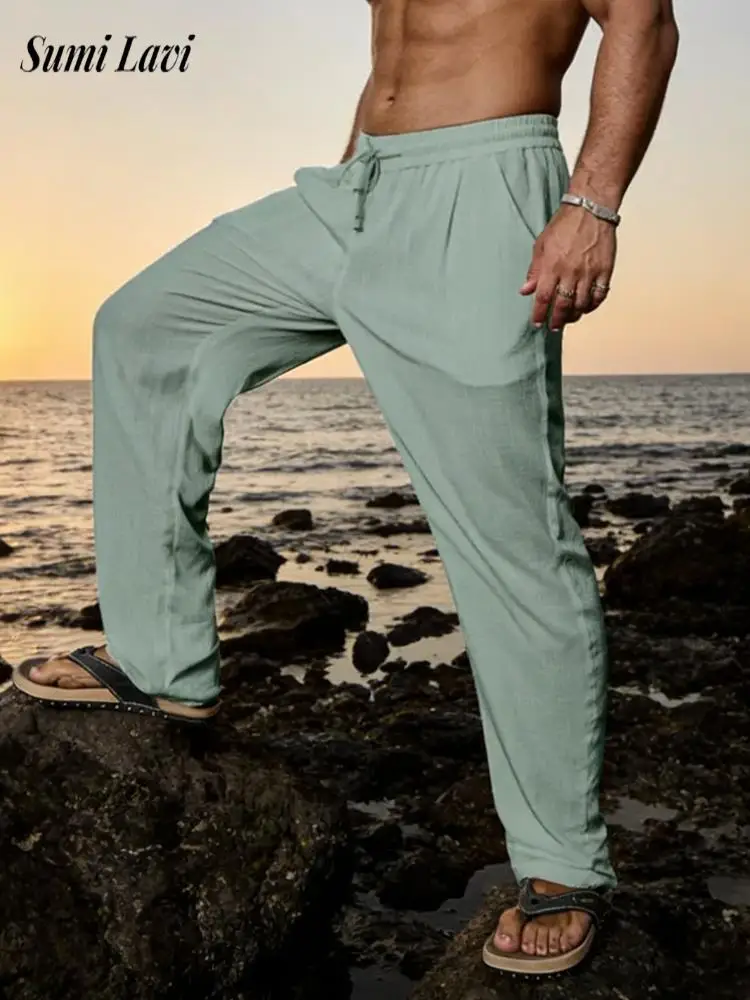 

Fashion Drawstring Loose Straight Pants For Men Spring Fall New Casual Solid Color Linen Trousers Mens Vintage Lace-up Bottoms