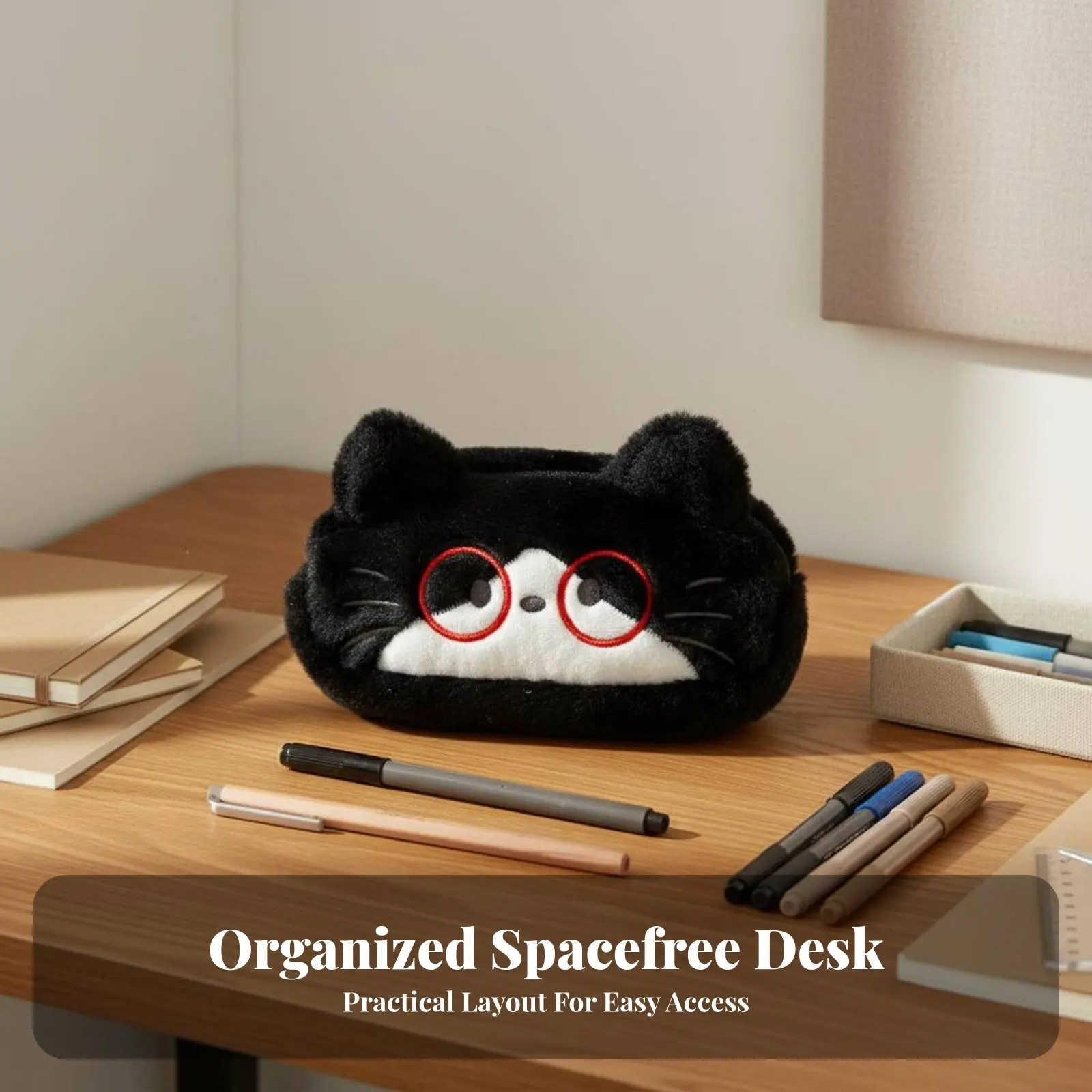 Embroidered Cat Face Bag Cute Design Adorable Cat Fastener Bag Soft Creature Pen Holder Large Capacity Fuzzy Makeup Pouch Wide