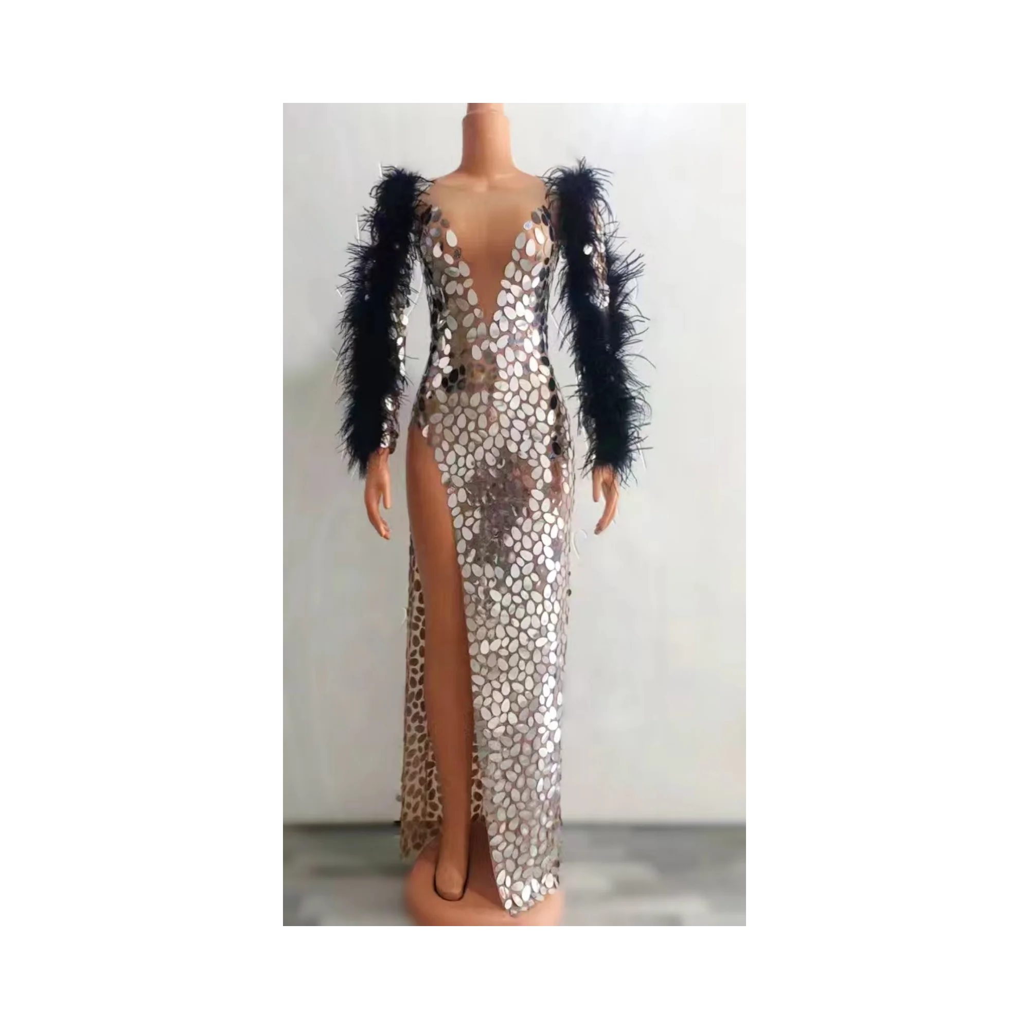 

Custom Clothing Black Feather High Slit PartyDresses Ladies Evening Elegant SparklingSequins Light Luxury A148