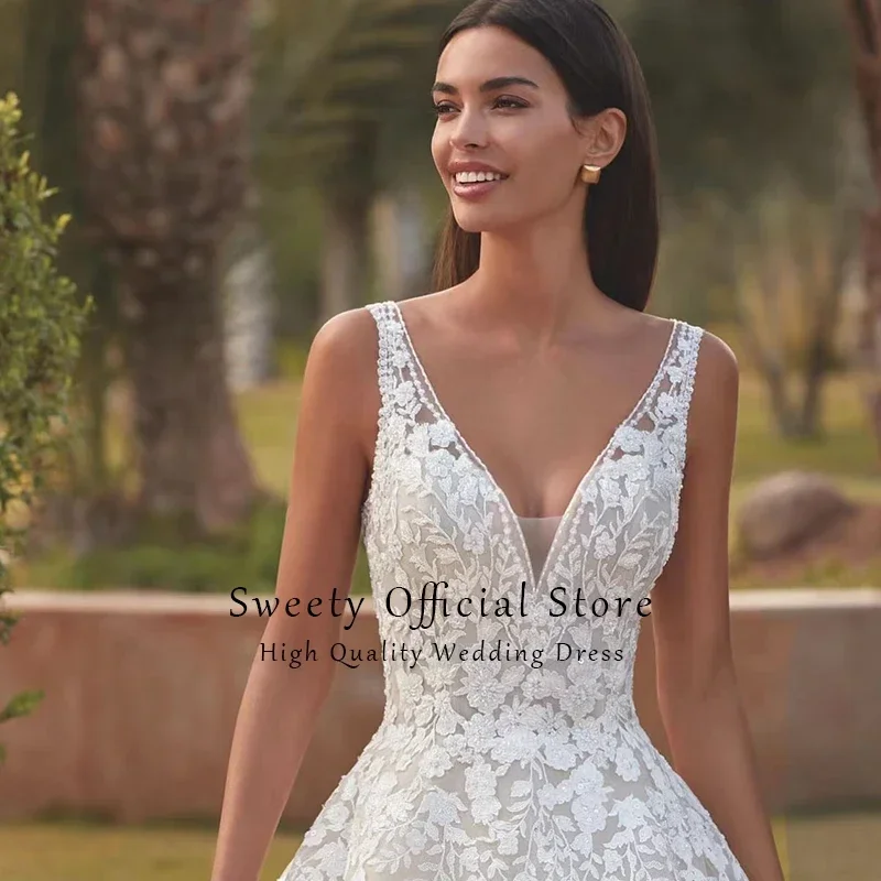 Elegantes Hochzeitskleid aus Organza mit Stickerei, Spitze, A-Linie, bodenlang, Brautkleid mit V-Ausschnitt, ärmellos, Vestido De Novia, individuell gestaltet