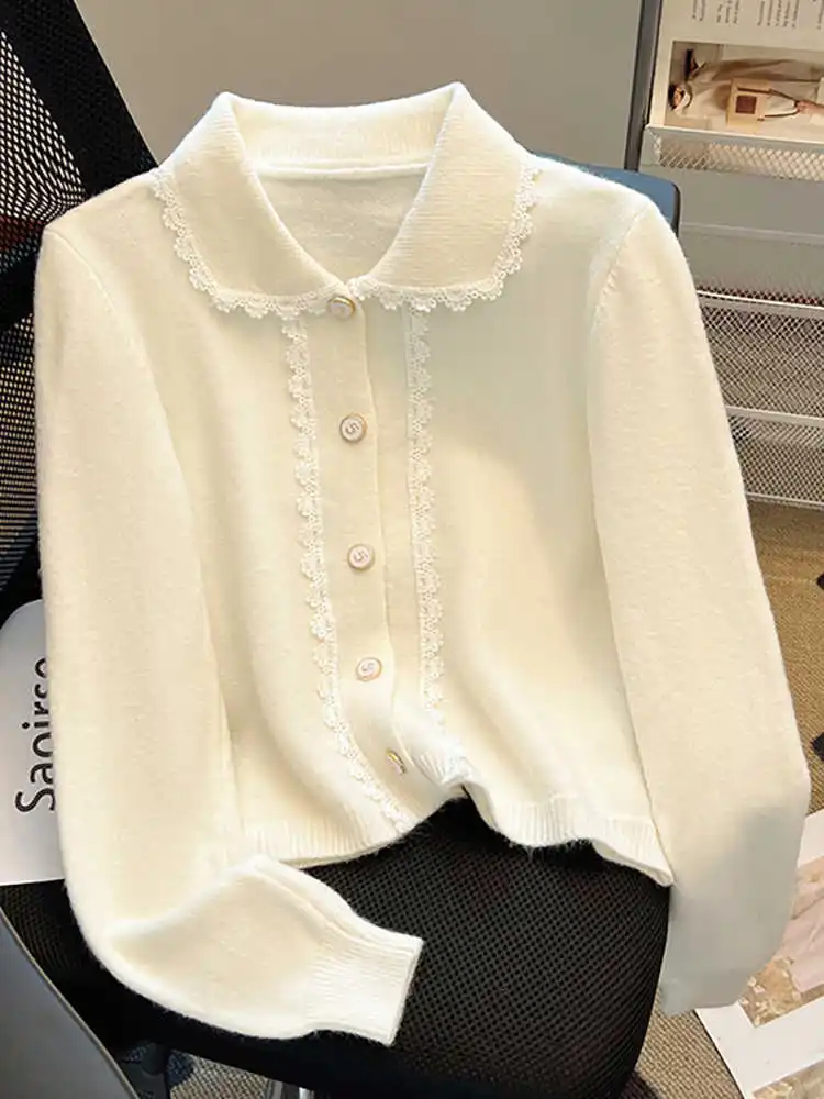 Women\'s White Cardigan Sweater Harajuku Long Sleeves Peter Pan Collar Knitted Sweaters Y2k Vintage 2000s Cutecore Clothes Autumn