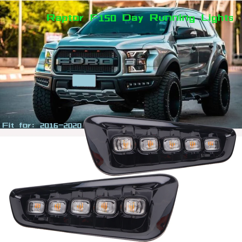 

2Pcs DRL LED Daytime Running Lights For Ford Raptor SVT F150 2016 2017 2018 2019 2020 with Turn Signal Yellow Fog Lamp