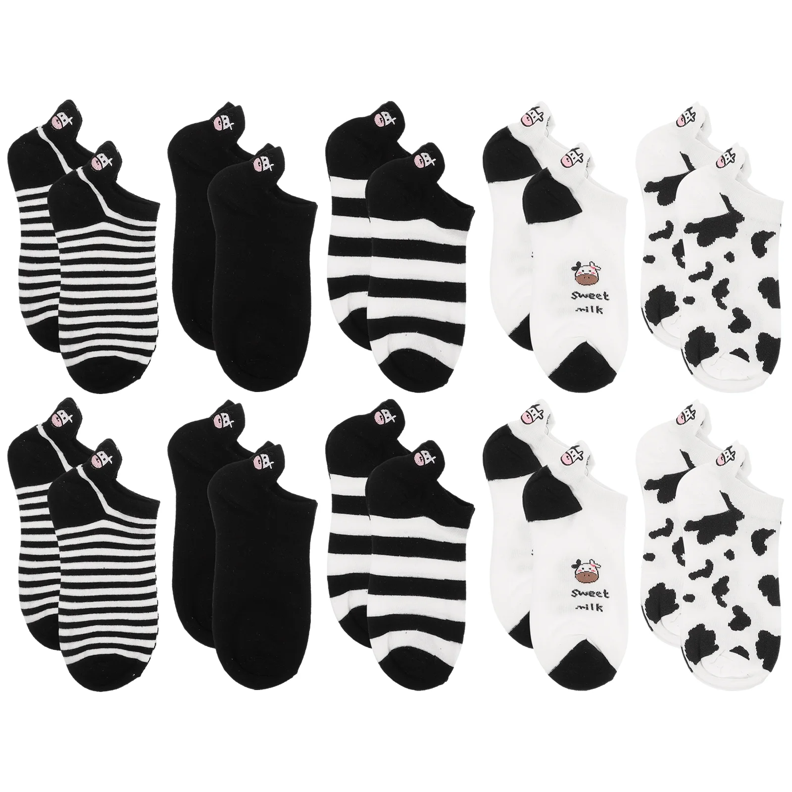 

5 Pairs Cute Ankle Socks Cow Girls Winter Short Women's Black and White Striped