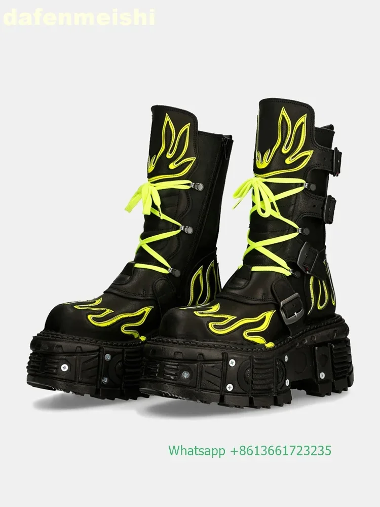 Retro Dark Style Punk Motorcycle Boots Flame Thick-Soled Boots Men/women Fashion Rock Boots Lace Up Belt Buckle Mid-Calf Boots view 3