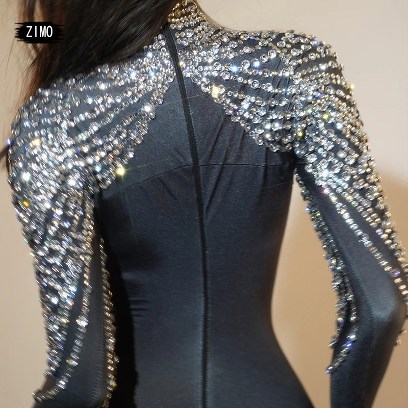glitter rhinestones long sleeve black jumpsuit gloves Singer Stage sexy Birthday club party pole dancer wear outfits Celebrate