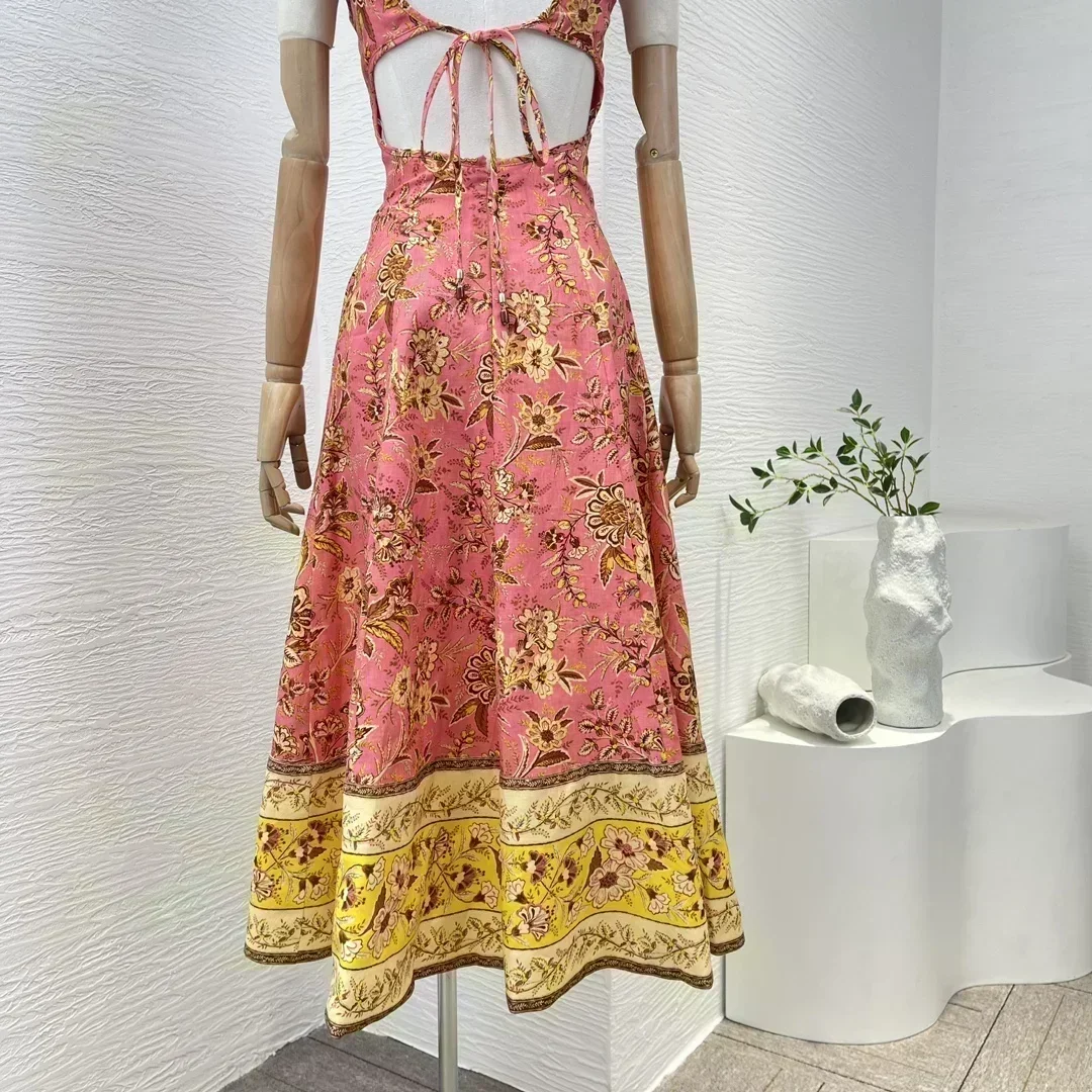 High Quality Pure 2024 New Re-tro Floral Print Sleeveless Cut Out Lace-up Back Waist Women Midi Tank Summer Dresses for Holiday