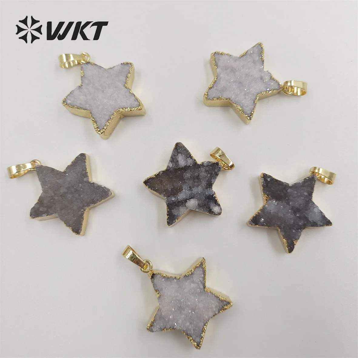 WT-P1828 Wholesale fashion gold trim natural druzy quartrz stone star pendant with Aura Brightly crystal quartz Aura Star stone