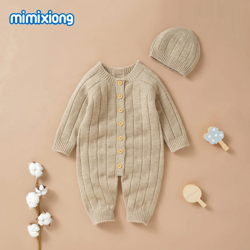 Baby Rompers Hats Clothes Set Autumn Solid Plain Knitted Newborn Boys Girls Long Sleeve Jumpsuits Outfits Winter Toddler Sweater