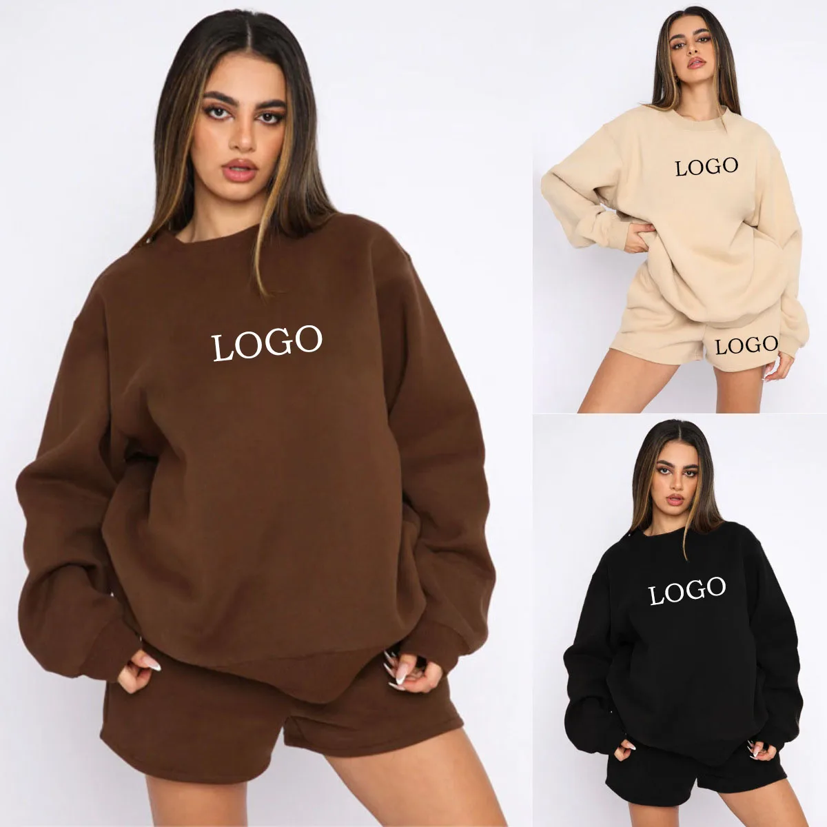 Custom LOGO 2023 New Spring and Autumn Round Neck Pullover Long Sleeve Sweatshirt Women's Fashion Casual Shorts Cycling Set