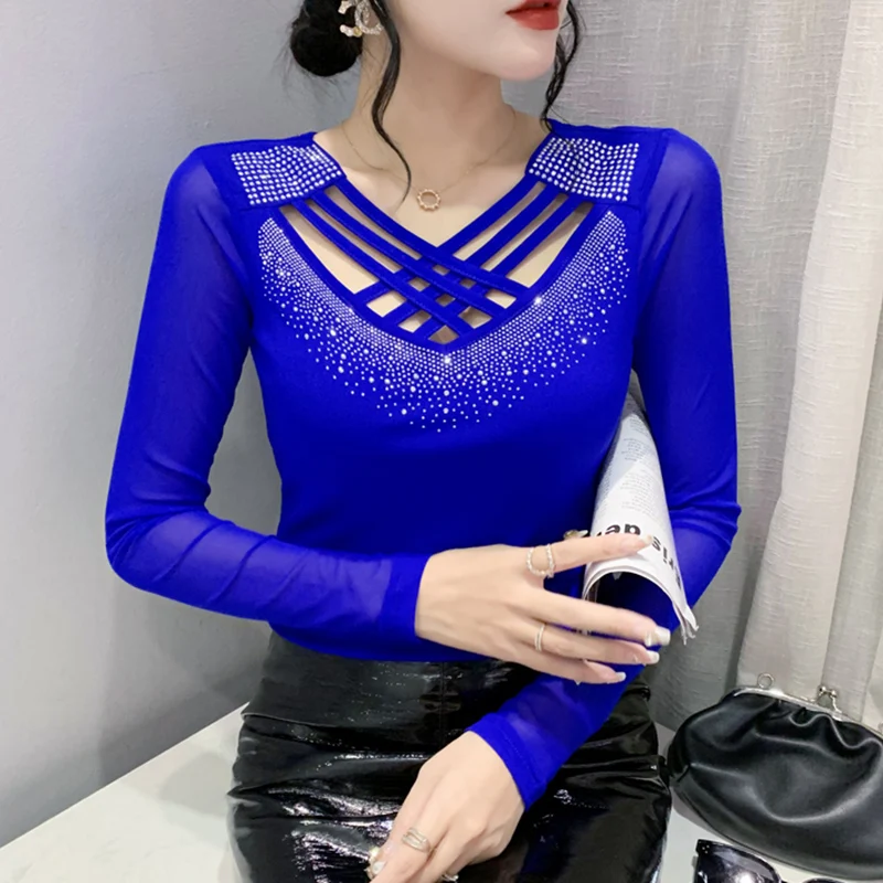 2023 Spring Autumn New Women Mesh Tops Fashion Cross Hollow Ironing Drill Long-Sleeved Bottoming Shirt Elasticity T-Shirt