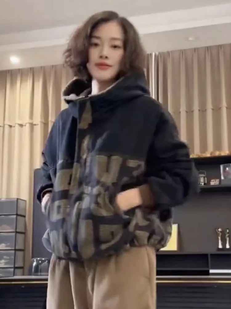 Wearing Printed Loose Denim Jacket Padded Clothes On Both Sides Women's 2026 Autumn And Winter Thickened Hooded Cotton Clothes