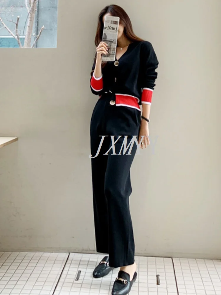 

JXMYY Autumn and Winter New Chic Fashion Cardigan Two Sets Of Elegant Temperament V-Neck Knitted Wide-Leg Pants For Women Set