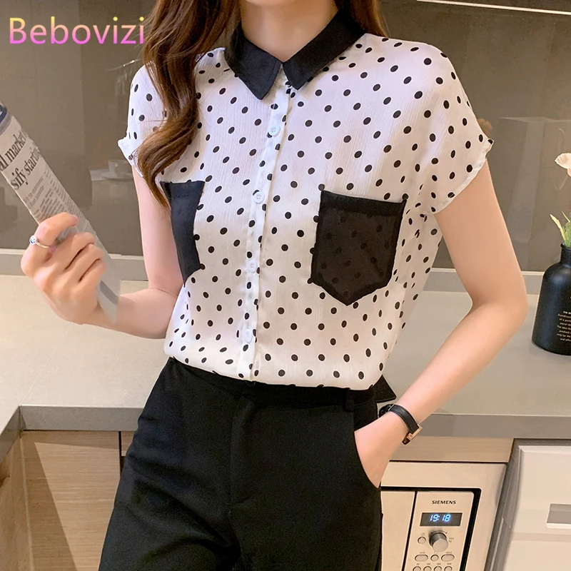 2024 Summer New Polka Dot Shirt Women's Short Sleeve Thin Blouse Top