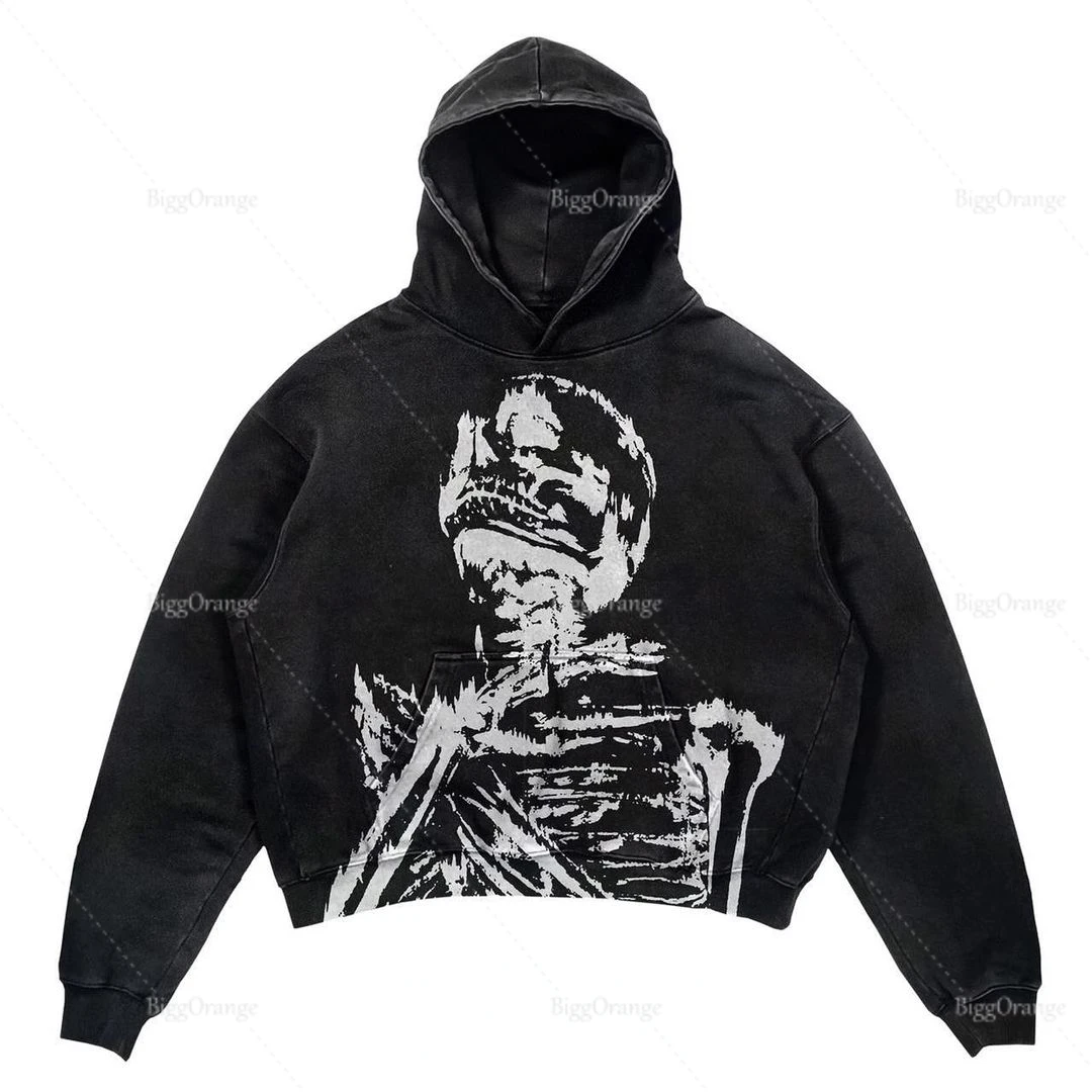 

White skull print hoodie new personality bone spur print high street style sweater 2022 new men's and women's hoodie
