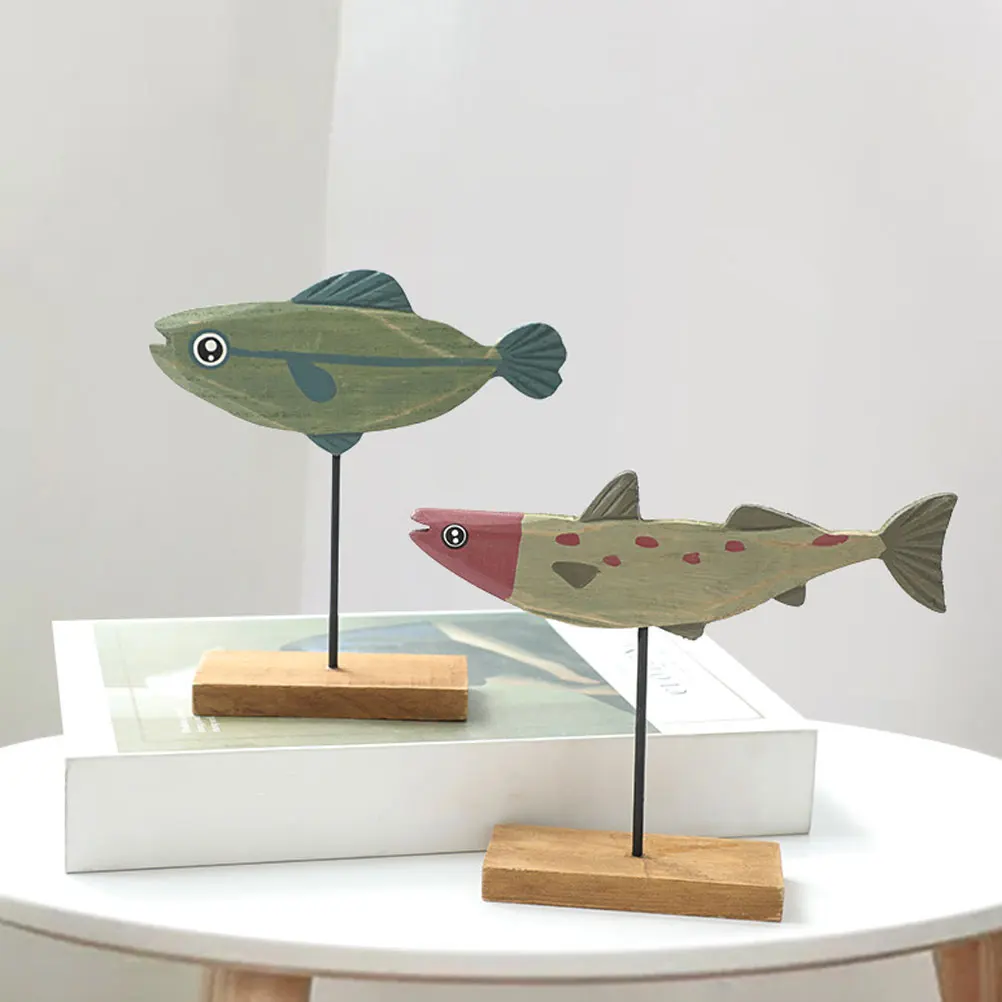 

2pcs Wood Decoration Fish Sculpture For Home Office Living Room Desktop Ornament Nautical Animal Handcraft Wooden Fish