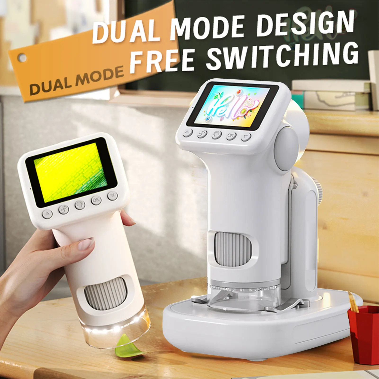 Детский цифровой микроскоп 100-1600X с цветным экраном 2,0 HD, 3 регулируемые лампы, портативный микроскоп с SD-картой 32 ГБ