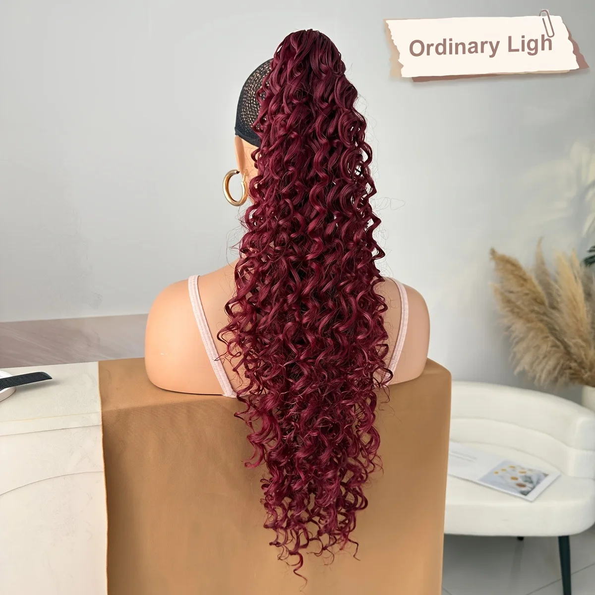 [Heat Resistant Ponytail] 24 Inch Curly Heat Resistant Synthetic Ponytail Hair Extensions | Burgundy Claw Clip Design for Women,