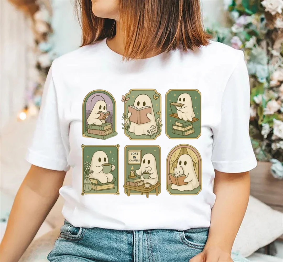

Женский топ с принтом «Призраки» для чтения, забавная повседневная футболка с круглым вырезом, одежда с героями мультфильмов, уличная модная белая футболка с короткими рукавами