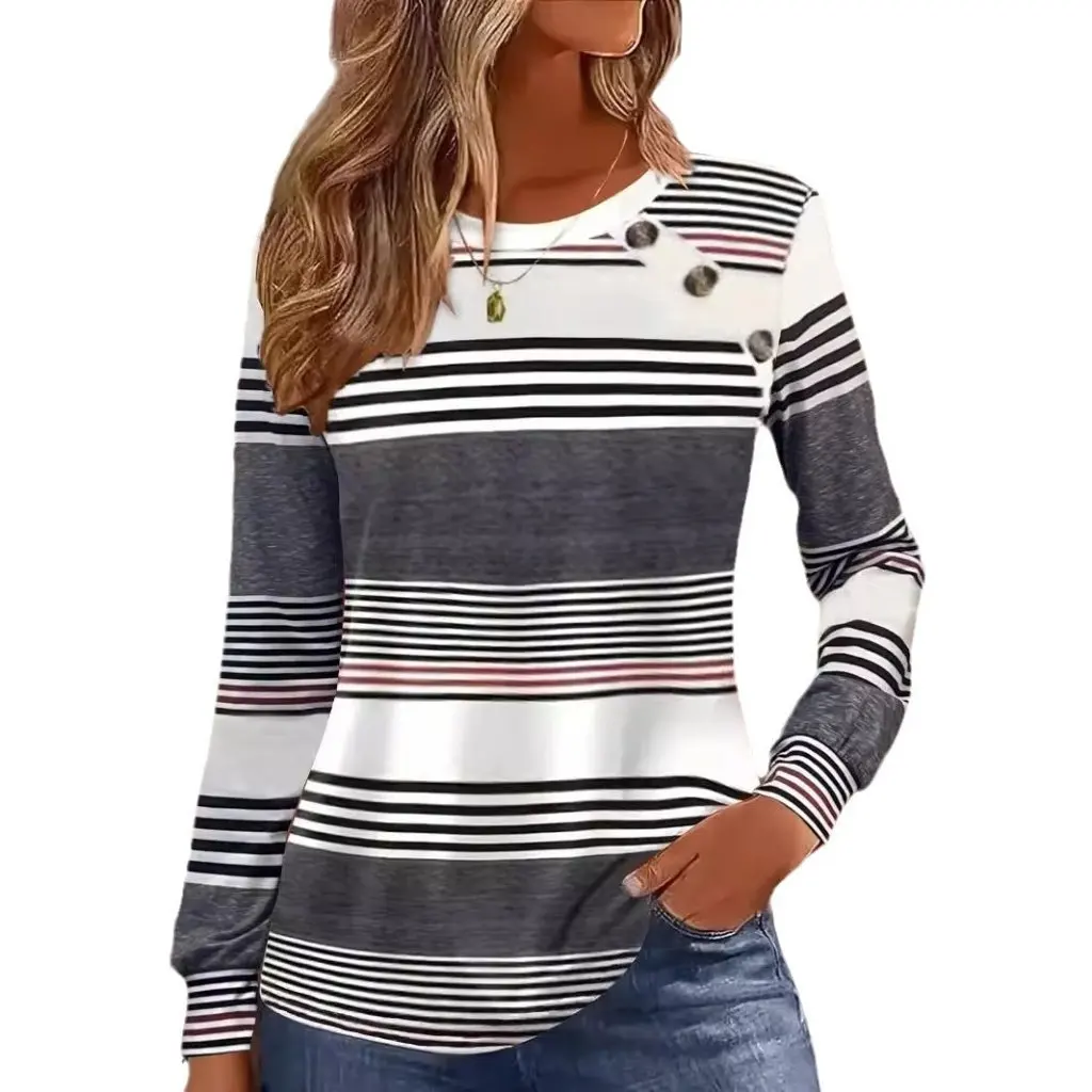 

Women's Casual Striped Long Sleeve T-shirt Button Detail Independent Station Fashion for European And American Markets