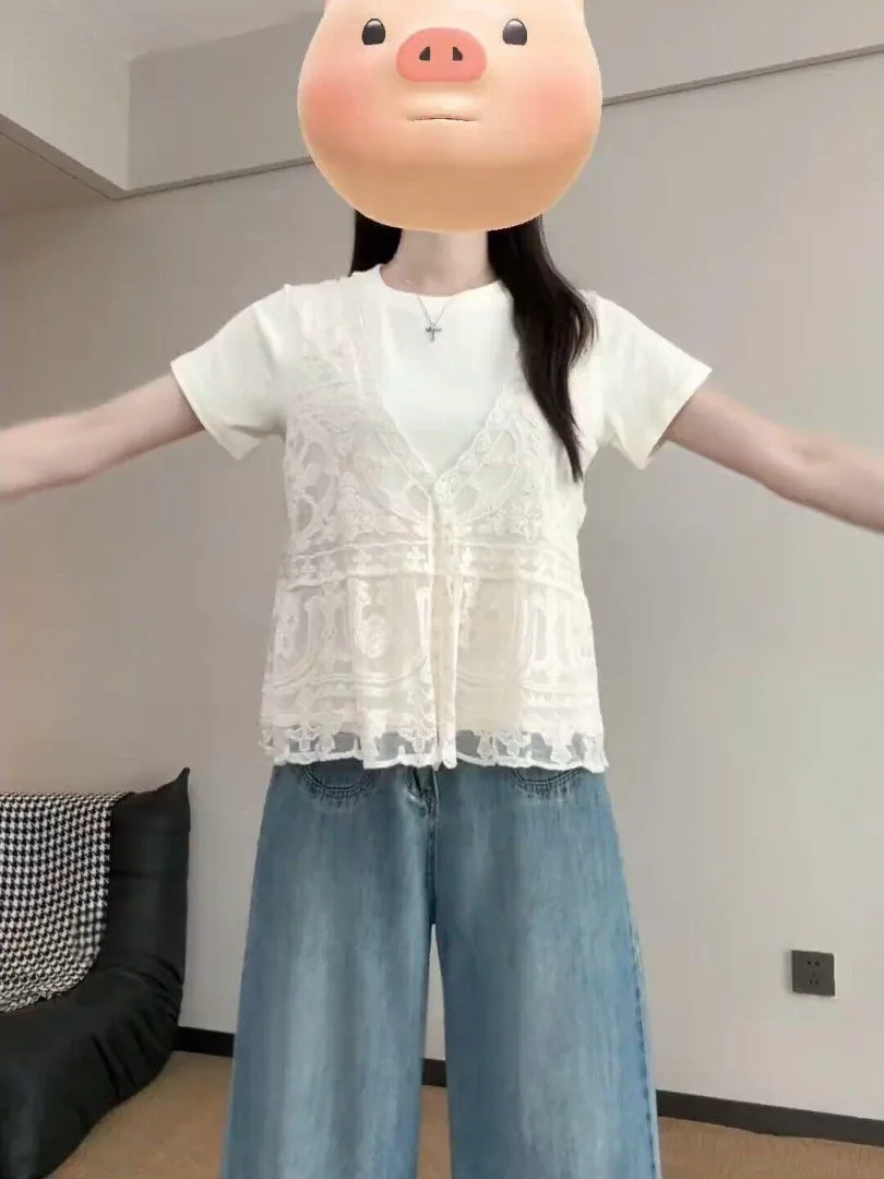 

Summer 2026 plus Size Lace Vest Top Layered Short Sleeve T-Shirt Fashionable Shoulder Baring Set Casual Loose Fit Skin Friend...