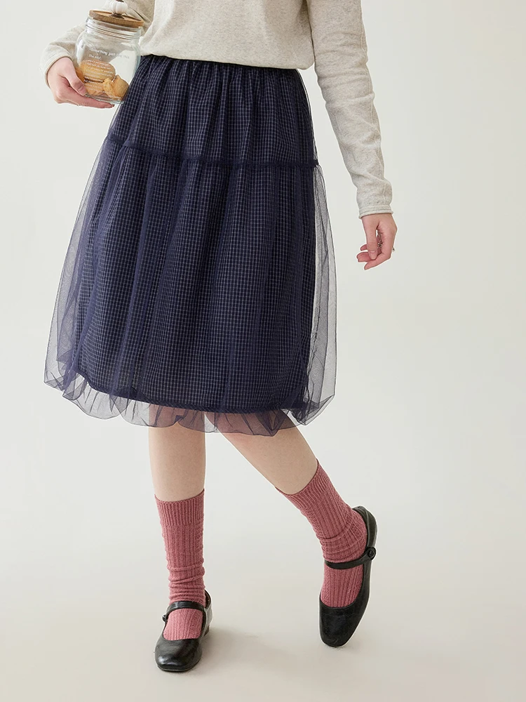 Original AMUU Small Audience Elegance Mesh Bloom Half Skirt Women's Spring New Plaid Puffy Skirt High Waist Korean Style