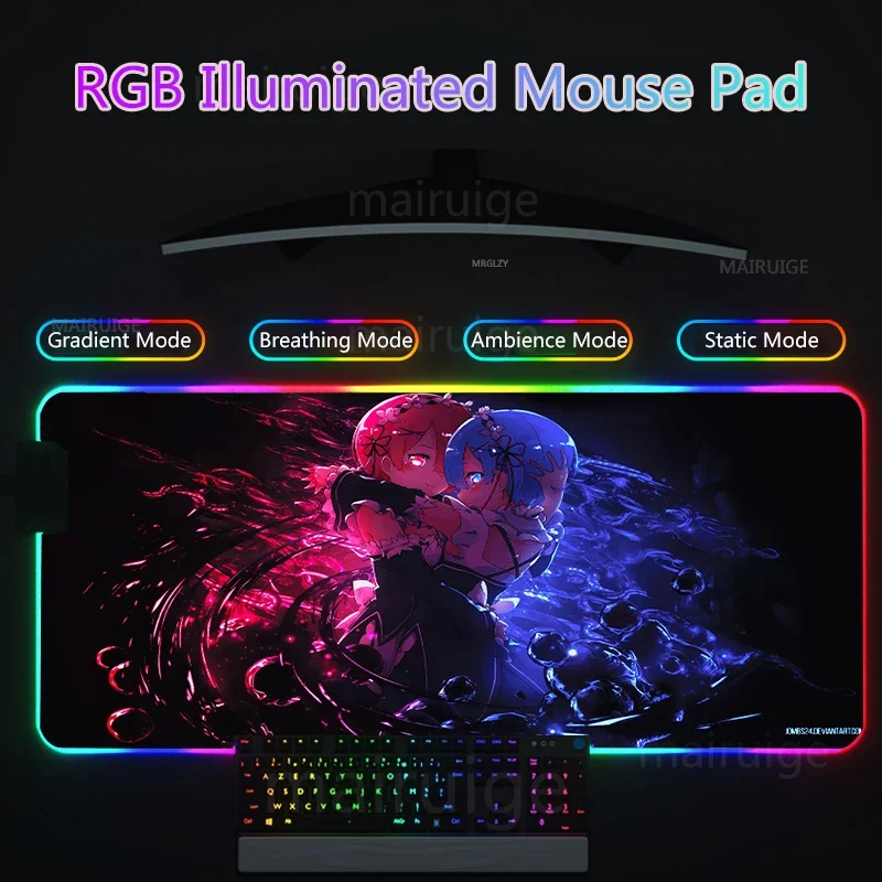 Anime Re:zero RGB Led Mouse Pad Keyboard Desk Mats XXL Gaming Accessories Mouse Mat Cute Rem Backlight MousePad Play Mat for PC
