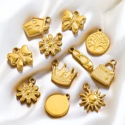 10pcs Stainless Steel Cute Small Charm Crown House Flower Gold-plated DIY Necklace Bracelet Jewelry Making Accessories Wholesale