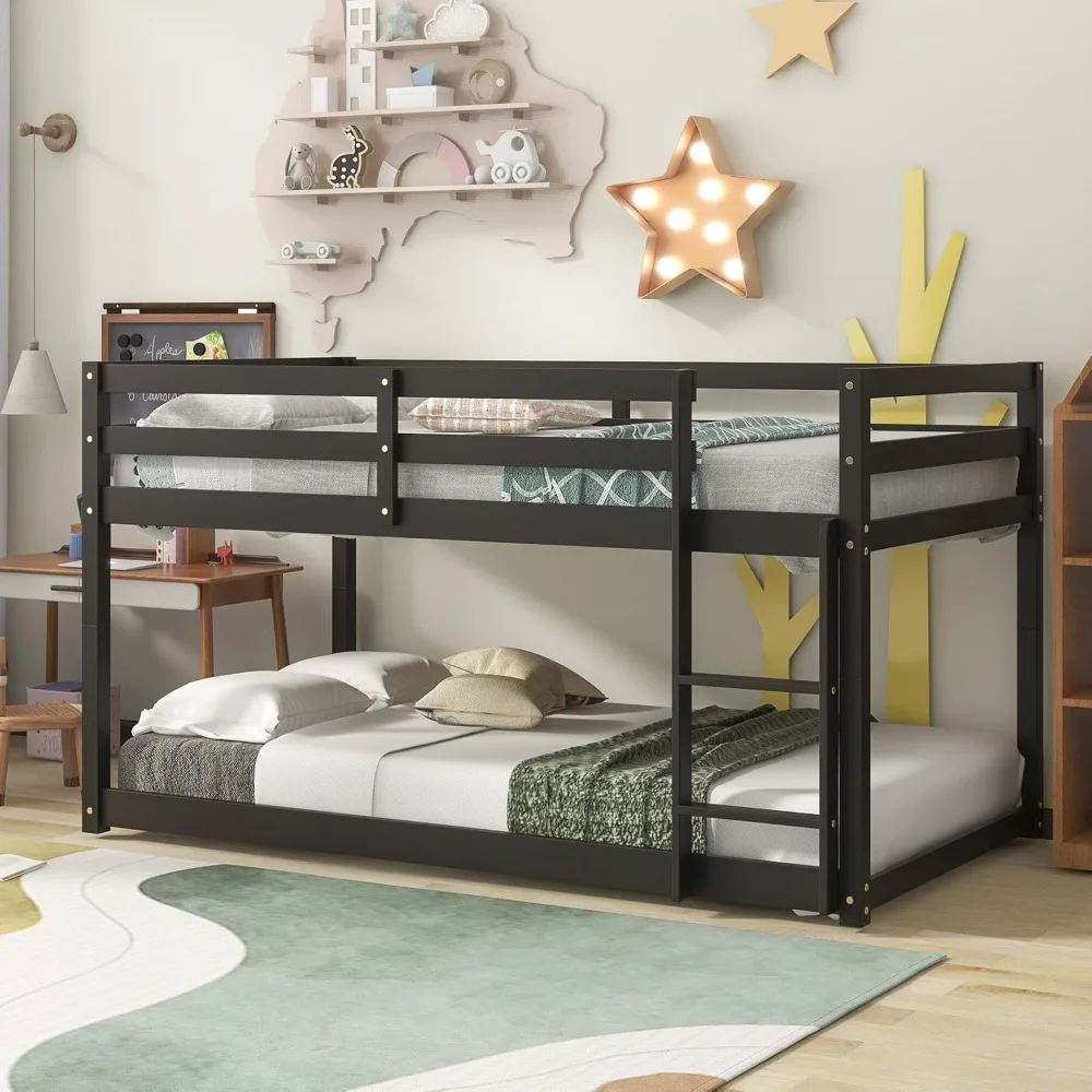 

Bunk Bed, Floor Bunk Bed w Ladder, Safety Guard Rails, Heavy Duty Wooden Twin Bunk Beds Low Bunkbeds No Box Spring Required