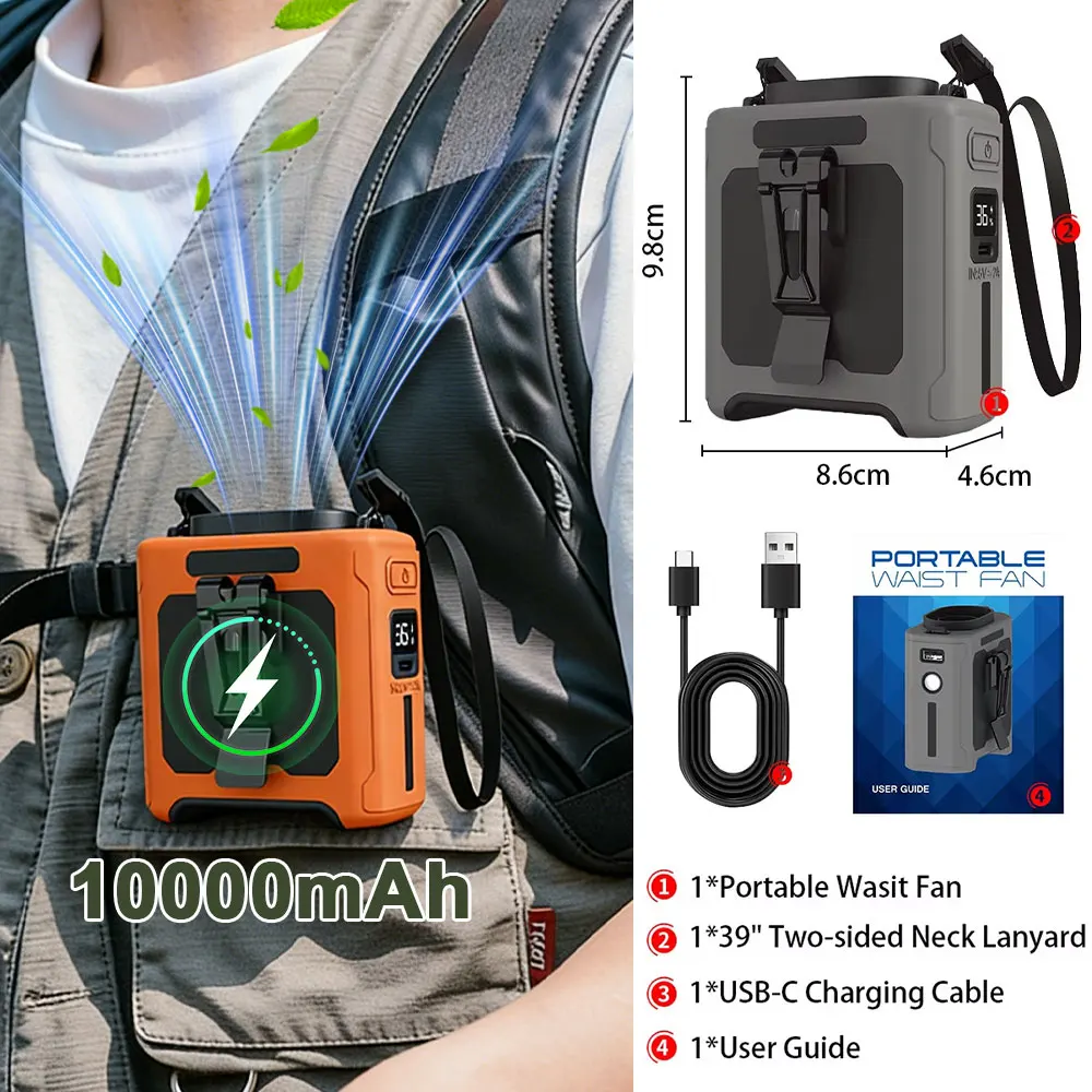 

10000mAh Rechargeable Waist Fan Portable Hands Free Mini Fan With Power Bank Flashlight 5 Speeds For Outdoor Activities
