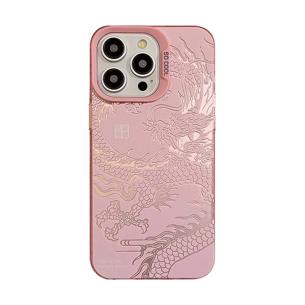 Pink relif 3D dragon happy new year phone case back cover for iphone 15 pro max 11 12 13 14 promax plus cartoon capa