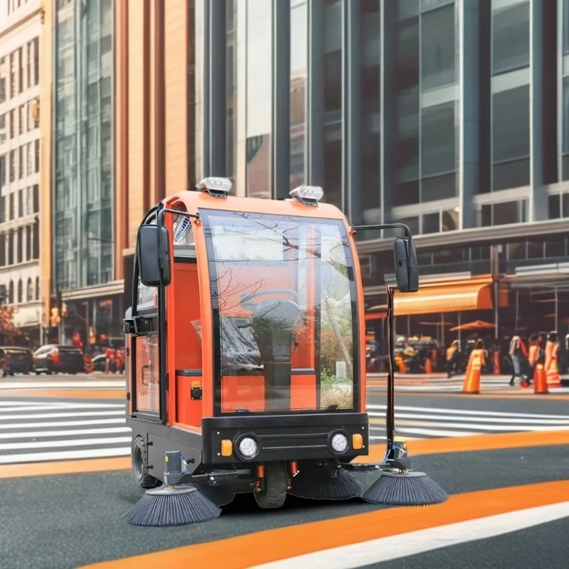 Enclosed Driving Road Sweeper 1500W Power 90L Dustbin 60cm Cleaning Width Industrial Park Ground Dust Removal Car