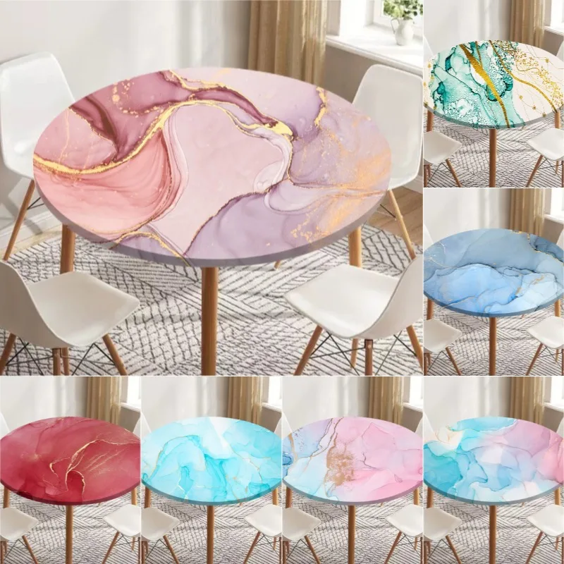 Elastic Fitted Round Dining Table Cover, Chinese Style Abstract Gilded Texture Tablecloth, Waterproof Oilproof Table Protector
