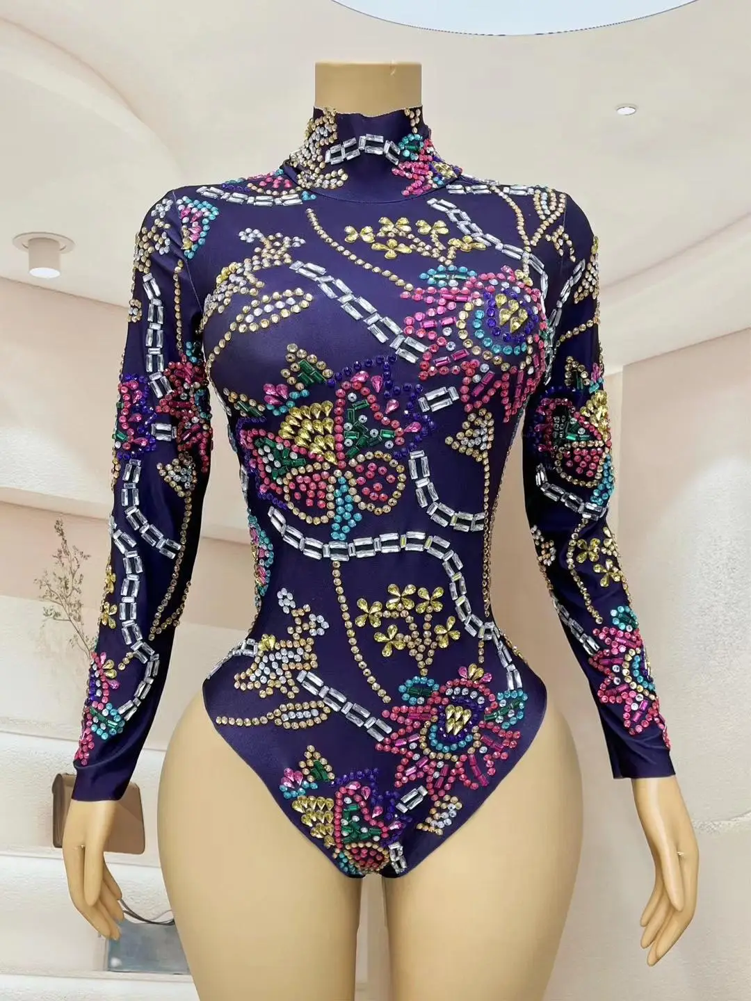 Women Flashing Colorful Rhinestones Purple Leotard Luxury Celebrate Sexy Outfit Long Sleeves Bodysuit Birthday Costume Jingu