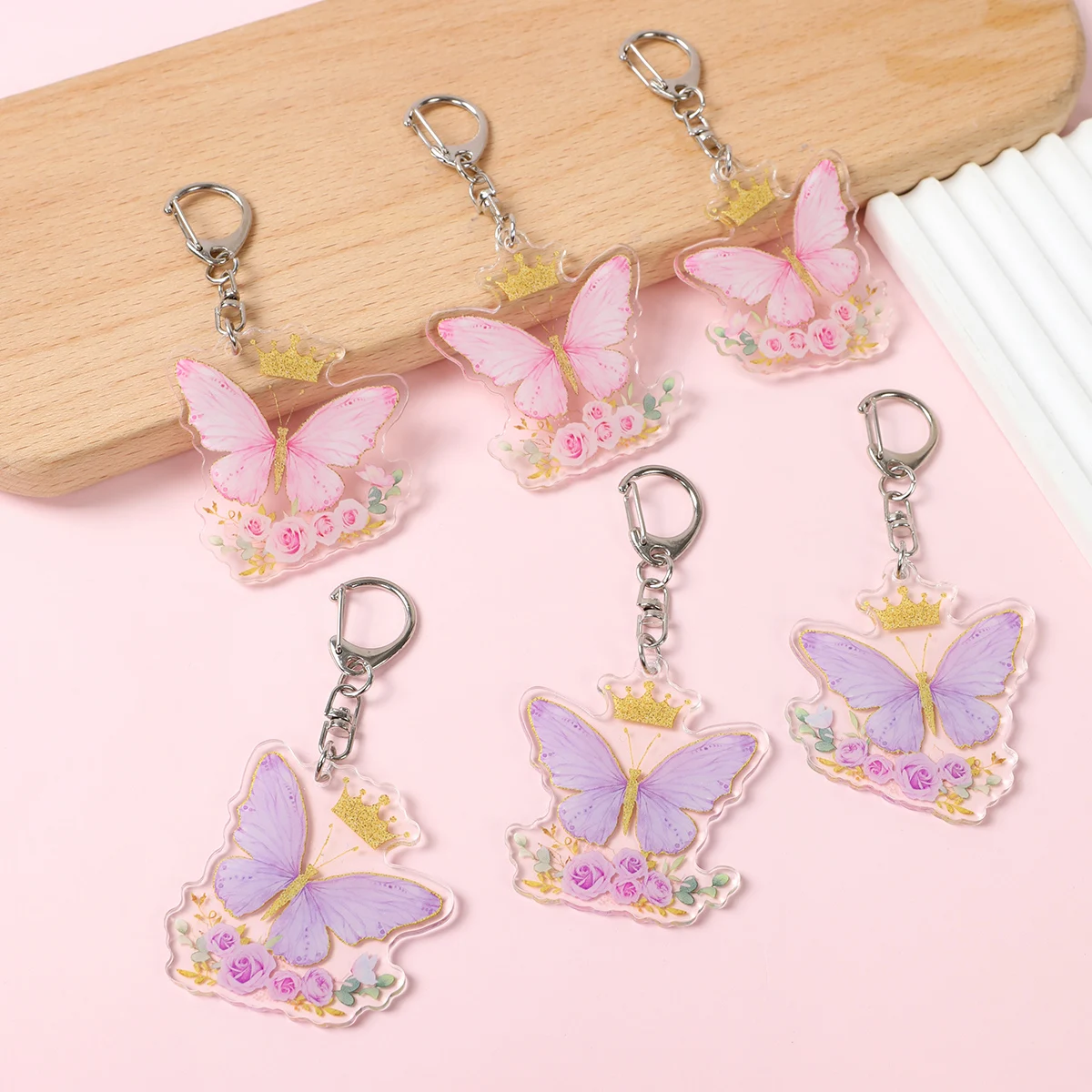 Pink Butterfly Acrylic Pendant Girls Birthday Party Gifts Decoration Purple Butterfly Wedding Birthday Key Chain Favors